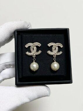 CHANEL Double C Logo Pearl Earrings